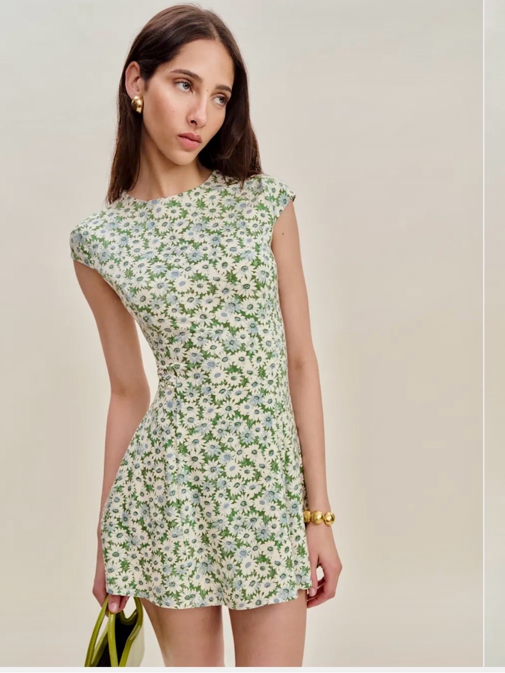 Reformation Yves Knit Dress Green Daisy Floral Mini Dress XS